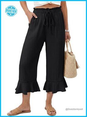 Linen Blend Wide Leg Drawstring Elastic Waist Ruffle Hem Capri Pants with